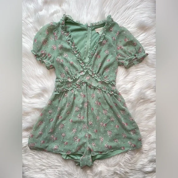 Altar'd State | Dresses | Altard State Womens M Medium Floral Romper Dress  Airy V Neck Ruffle Green | Poshmark